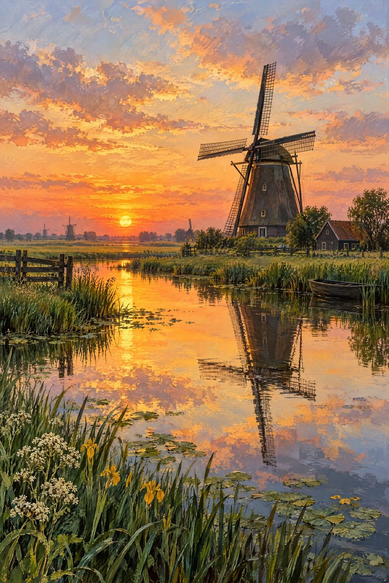 صورة طولية لطاحونة هواء عند الماء وقت الغروب، وهي صورة يضيع معظمها على الكوب